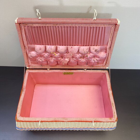 Sewing box in plastic and natural fiber, wooden basket, four feet case, jewelry - Picture 3 of 10